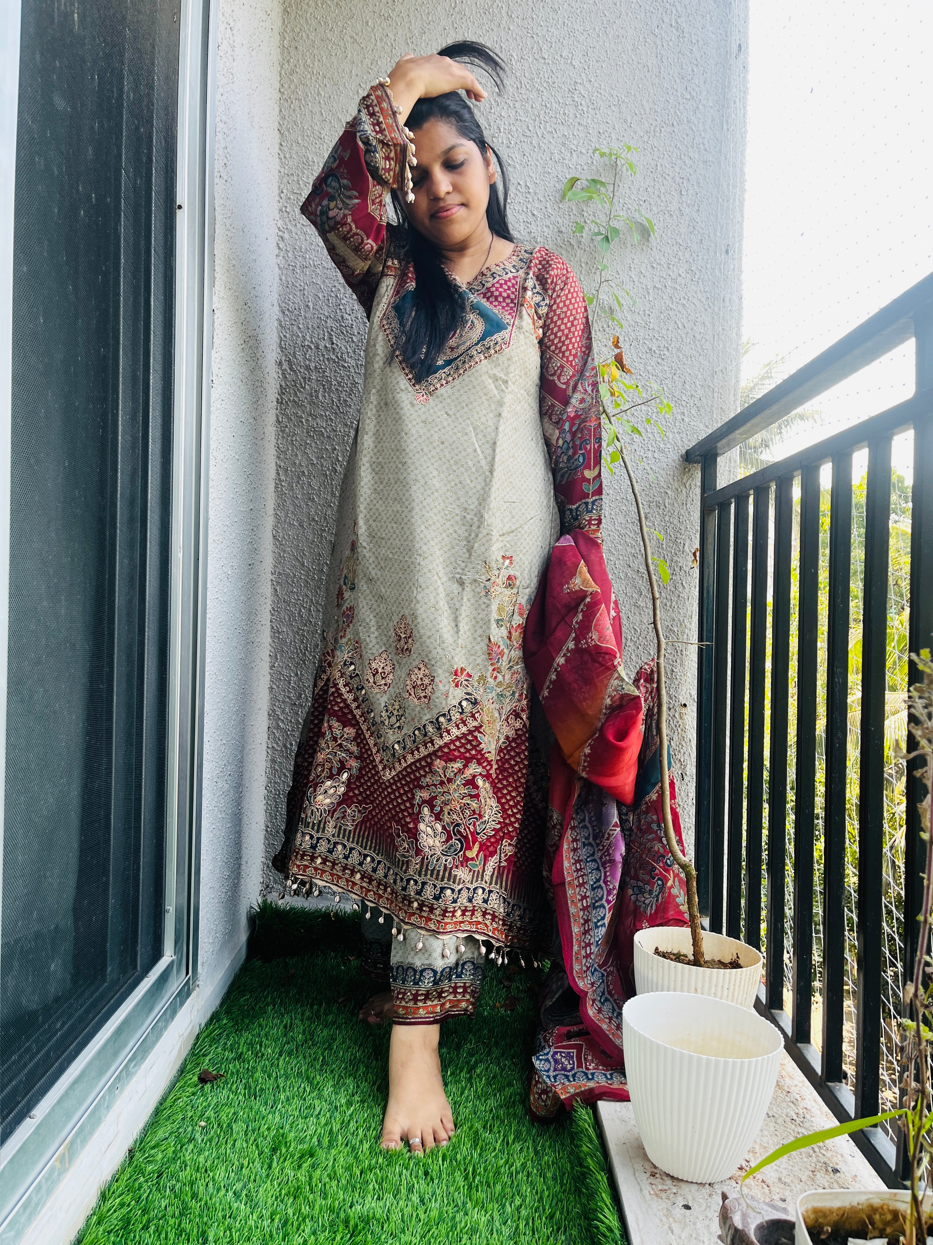 CNM Red White Anarkali