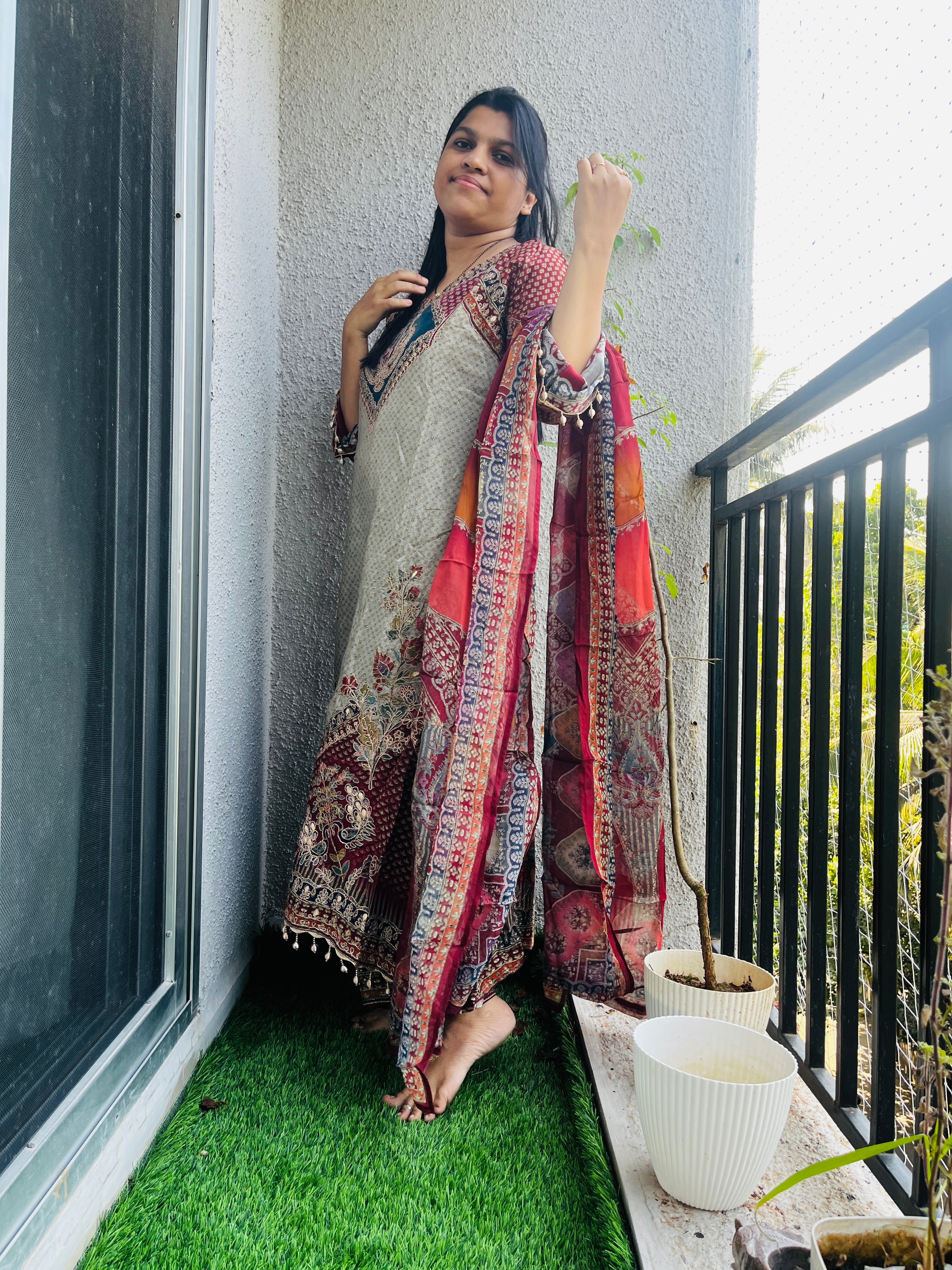 CNM Red White Anarkali