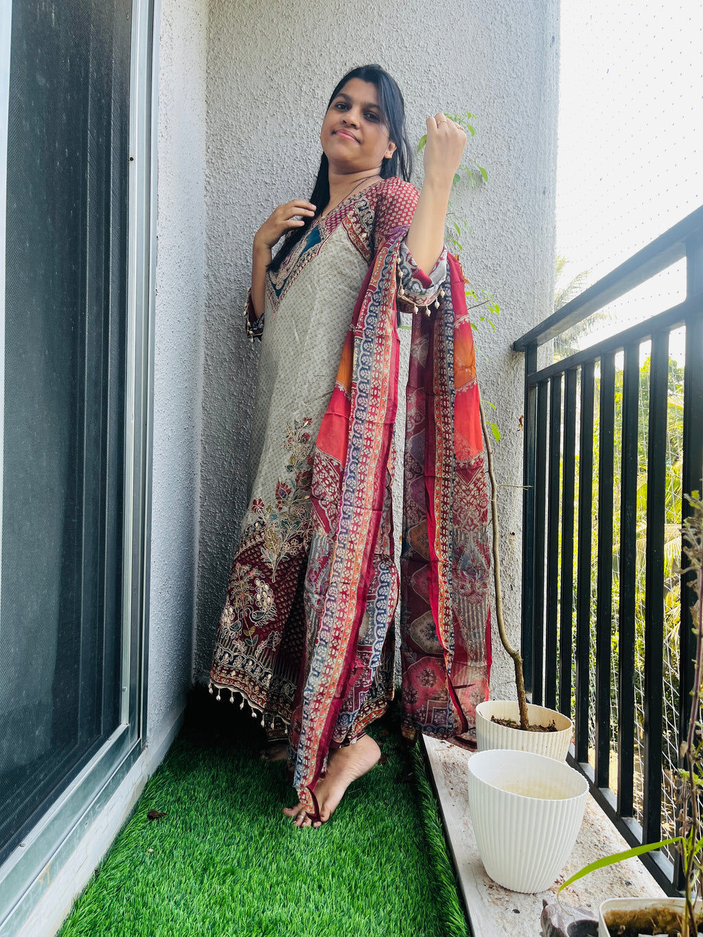 CNM Red White Anarkali